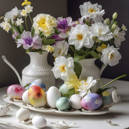 A charming Easter scene with daffodils and colorful eggs.の写真素材