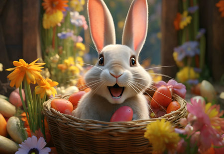 A charming, fluffy bunny sits in a wicker basket filled with colorful Easter eggs and surrounded by...