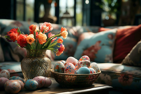 A charming Easter scene with vibrant tulips and beautifully decorated eggs displayed on a comfy...