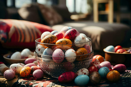 A glass bowl filled with many beautifully painted Easter eggs. A festive spring scene.