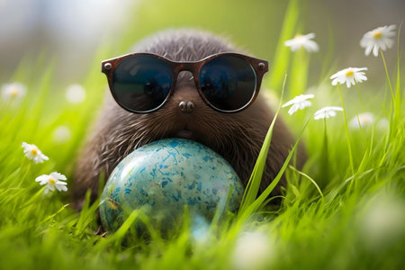 A cute hedgehog wearing sunglasses sits in the grass, holding an egg. A perfect spring photo!の写真素材