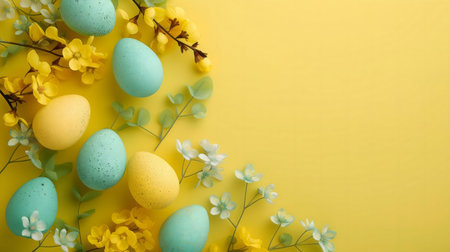 Happy Easter! Pastel colored eggs and delicate spring flowers create a cheerful Easter background.