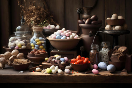 A rustic arrangement of Easter chocolate eggs and candies in various colors and containers. A...