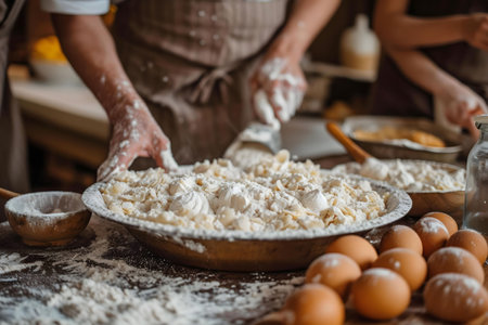 Close-up view of bakers preparing dough for pastries. Flour, eggs, and a rustic kitchen setting.
