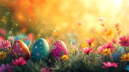 Three vibrant Easter eggs nestled among blooming flowers in a sunlit spring meadow. A festive image...