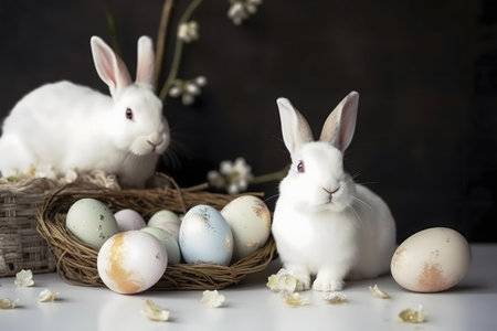 Two white bunnies near a nest of pastel Easter eggs. A perfect spring holiday image.の写真素材