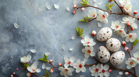 A lovely image of quail eggs surrounded by delicate spring blossoms. Perfect for Easter or spring themed projects.の写真素材