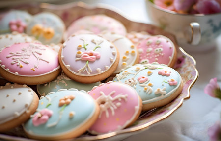Pastel-colored sugar cookies, delicately decorated with floral icing. A delightful treat for any occasion.の写真素材