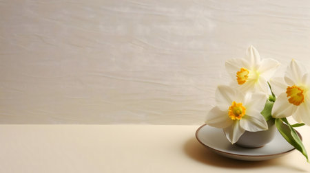Close-up of delicate white daffodils in a small gray cup on a light beige background. Soft lighting and peaceful atmosphere.の写真素材