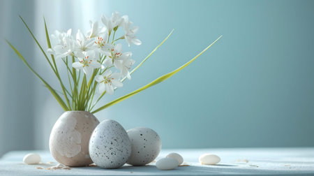A peaceful Easter scene with white flowers in a vase and speckled eggs.