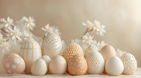 A collection of exquisitely decorated Easter eggs in soft pastel shades, nestled amongst delicate white blossoms. A serene springtime scene.の写真素材