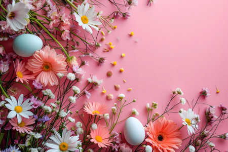 Pastel pink Easter background with delicate flowers and eggs. Perfect for spring celebrations.