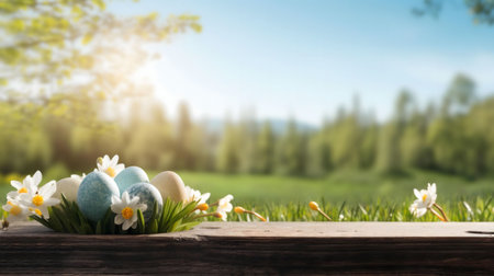 Easter eggs nestled in grass with spring flowers, on a wooden surface. Blurry background of a lush green landscape.の写真素材