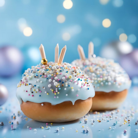 Two delightful pastel blue glazed donuts, generously covered in colorful sprinkles, set against a...