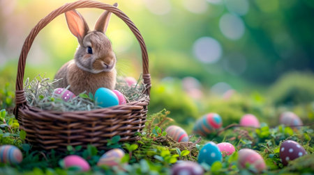 A charming brown bunny sits in a wicker basket filled with colorful Easter eggs, surrounded by lush...