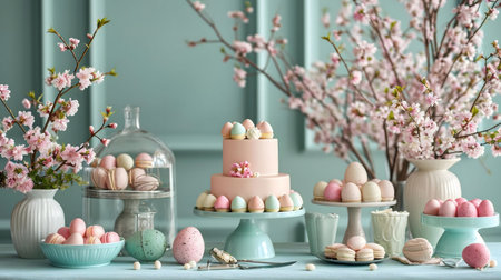 A charming Easter table setting with pastel cakes, macarons, and cherry blossoms.