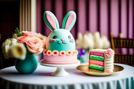 A charming Easter scene featuring a sculpted bunny cake and a slice of rainbow layer cake. Perfect...