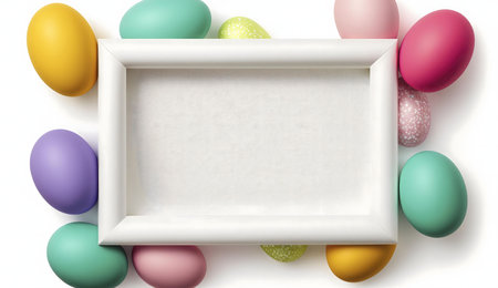 Colorful Easter eggs arranged around a white frame. Perfect for Easter greetings.