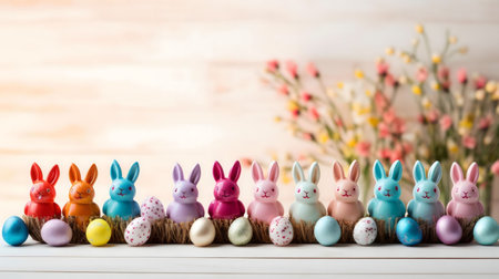 Adorable colorful bunnies and eggs celebrating Easter. A festive spring decoration.