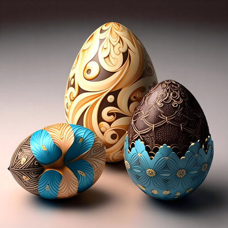 Three intricately designed chocolate Easter eggs. Brown, gold, and turquoise accents.の写真素材