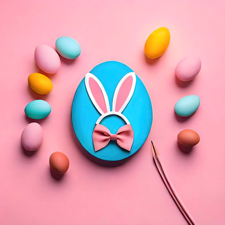 A delightful Easter scene featuring a blue bunny-shaped cake surrounded by pastel-colored eggs....