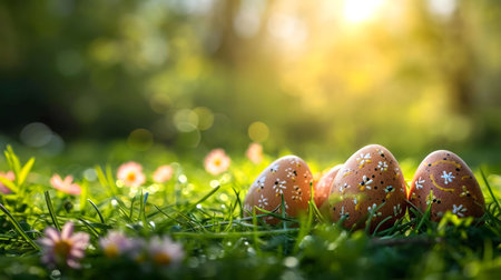Three beautifully painted Easter eggs nestled in a vibrant spring meadow, bathed in warm sunlight.の写真素材