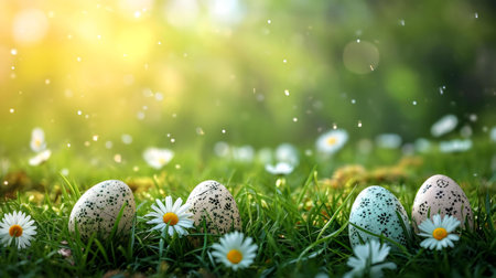 Beautiful Easter eggs nestled amongst daisies in a lush green field. A perfect springtime scene!の写真素材