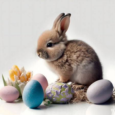 A charming Easter bunny surrounded by pastel-colored eggs.
