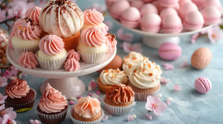A delightful arrangement of pink cupcakes, macarons, and other sweet treats. Perfect for spring celebrations!の写真素材