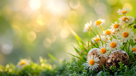A vibrant springtime scene featuring quail eggs hidden amongst blooming daisies in a lush green meadow bathed in warm sunlight.の写真素材