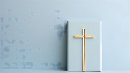 A pale blue urn with a golden cross, symbolizing peace and remembrance.の写真素材