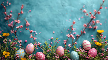 Pastel Easter eggs nestled in blooming spring flowers and branches. A delightful image perfect for...