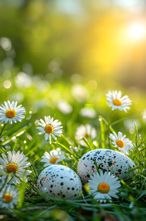 Two speckled Easter eggs nestled amongst blooming daisies in a sun-drenched meadow. A springtime scene full of joy.の写真素材