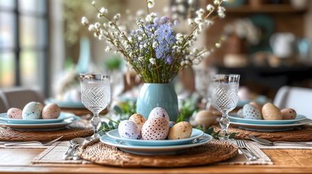 Pastel Easter table setting with decorated eggs, spring flowers and elegant tableware.