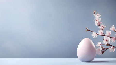 A pastel pink Easter egg sits beside a delicate branch of spring blossoms. Minimalist and elegant.