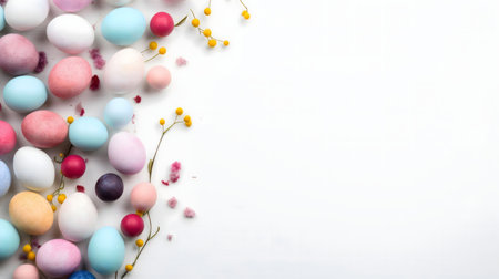 Pastel colored eggs and delicate spring blossoms create a delightful Easter scene.