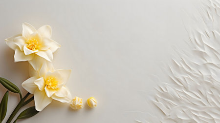 Creamy daffodils arranged on a textured white background. A spring-themed image.の写真素材