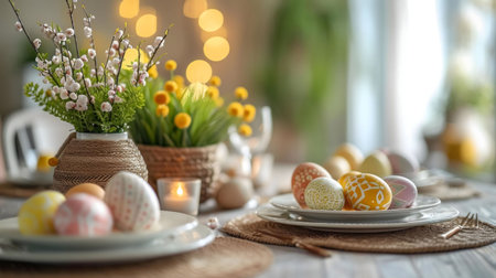 Pastel Easter eggs and spring flowers adorn a beautifully set table, creating a festive springtime...