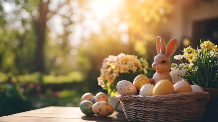 A cute bunny surrounded by colorful Easter eggs in a wicker basket, bathed in warm sunlight.の写真素材