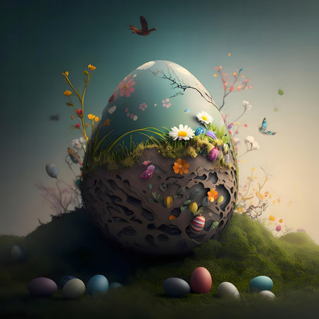 A giant, intricately Easter egg sits in a mossy landscape, surrounded by designed blooming flowers and butterflies, creating a magical springtime scene.の写真素材