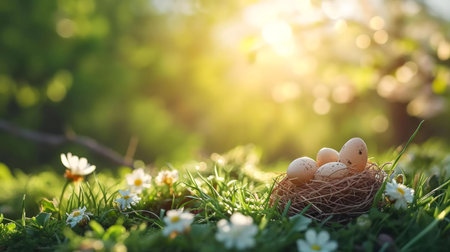 A bird's nest with speckled eggs sits peacefully in a sunlit field of daisies. A perfect representation of springtime.の写真素材