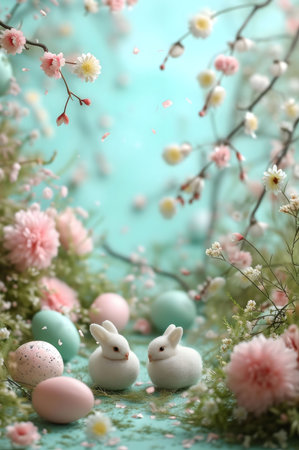 Two fluffy white bunnies nestled amongst pastel Easter eggs and delicate spring blossoms. A charming scene perfect for Easter.の写真素材