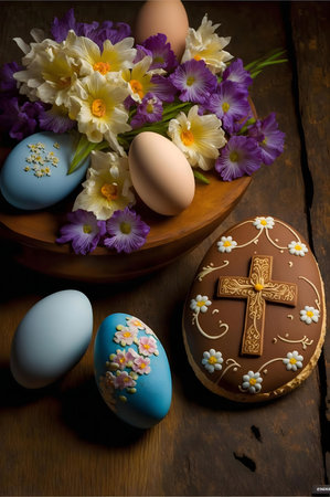 A beautiful Easter still life featuring decorated eggs, a chocolate cross cake, and vibrant spring flowers.の写真素材