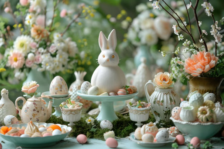 A charming Easter table setting featuring a pastel color palette, a ceramic bunny, decorated eggs, and delicate floral arrangements.の写真素材