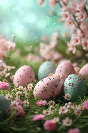 Delightful pastel Easter eggs surrounded by blooming flowers. A cheerful spring scene.