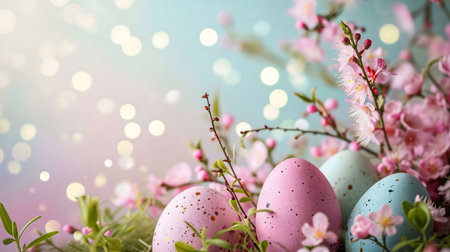 Pastel Easter eggs nestled among delicate spring blossoms. A cheerful image perfect for Easter cards...