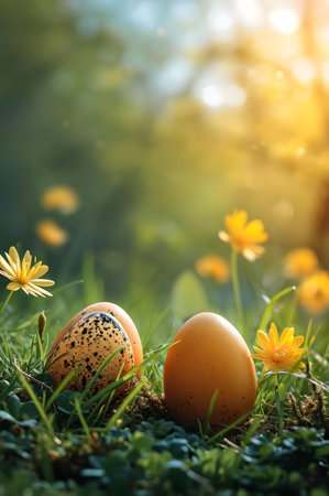 Two eggs nestled in a sunny spring meadow. A beautiful scene of rebirth and new beginnings.