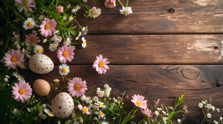 Painted Easter eggs nestled amongst vibrant daisies and greenery on a rustic wooden background....