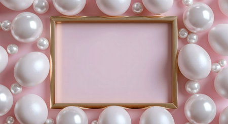 Pink background with gold frame and pearls.の写真素材