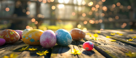 Colorful Easter eggs arranged on a rustic wooden table, springtime festive decoration.
